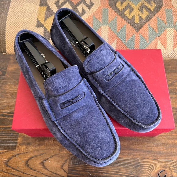 Salvatore Ferragamo NEWTON Blue Suede Driving Loafers US9 E (Display Shoes)